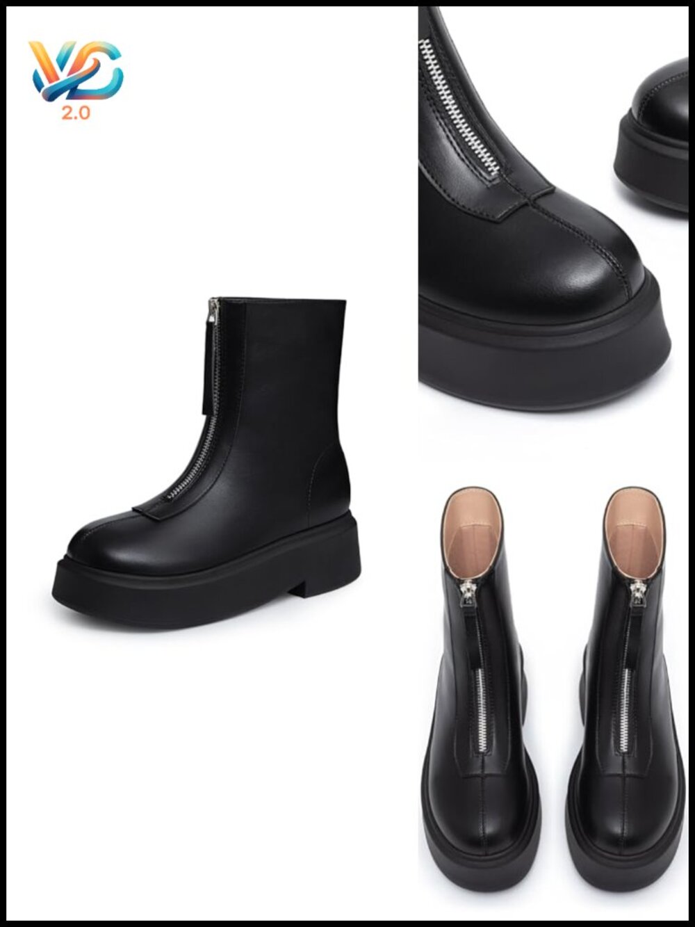 Faux Leather Platform Ankle Boots with Zipper Chunky Low Heel Round Toe
